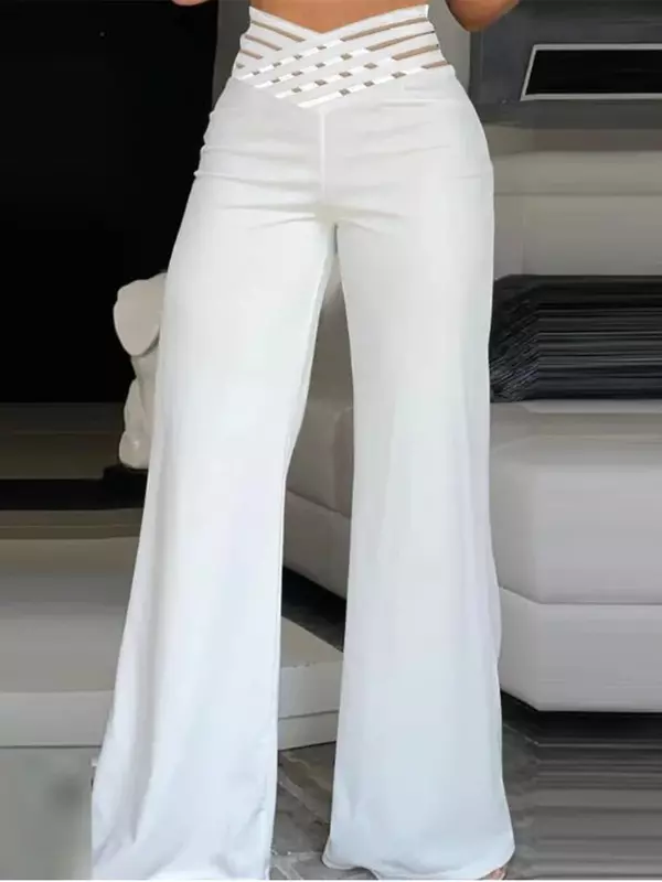 2024New Elegant High Waist Flared Women Pants Office Casual Crisscross Sheer Mesh Patch Mesh Patch Casual Trousers Women Clothes