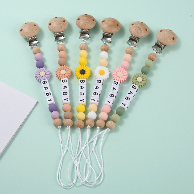 Personalized Name Chrysanthemum Silicone Pendant Pacifier Clips Chains Newborn Dummy Nipple Holder Chain Teething Toys Chew Gift