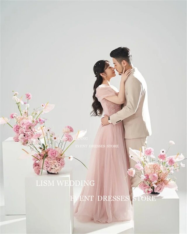 LISM-vestido de fiesta de noche de Corea, traje drapeado de tul de hada para sesión de fotos, manga corta para boda, ocasión Formal, color rosa