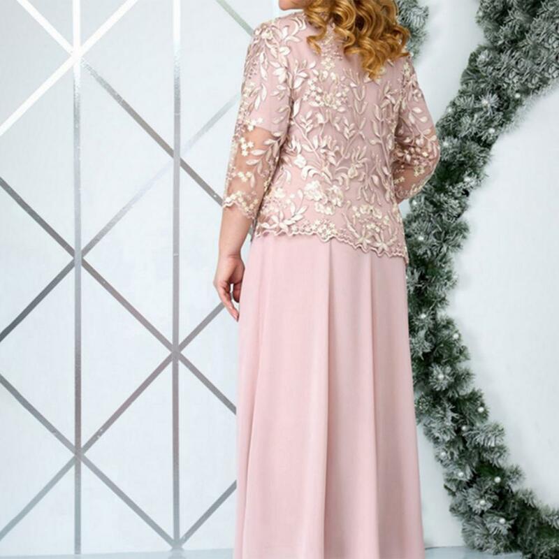 Женское длинное элегантное платье-макси с цветочной вышивкой, кружевное платье с рукавом три четверти и круглым вырезом, имитация двух частей