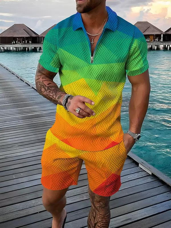 Set di tute da uomo di moda estiva toppe colorate stampa 3D Polo Casual con cerniera + pantaloncini 2 pezzi set di tute oversize