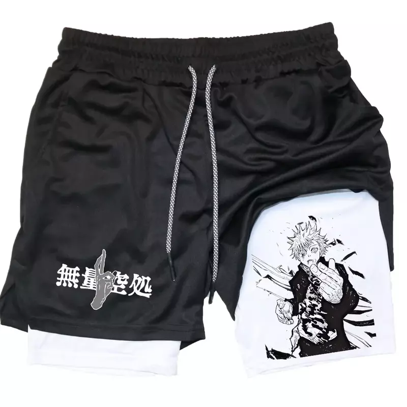 Anime 2 In 1 Compression Shorts Gojo Satoru Print Performance Sportswear Men Training Workout Male Fitness Sport Shorts