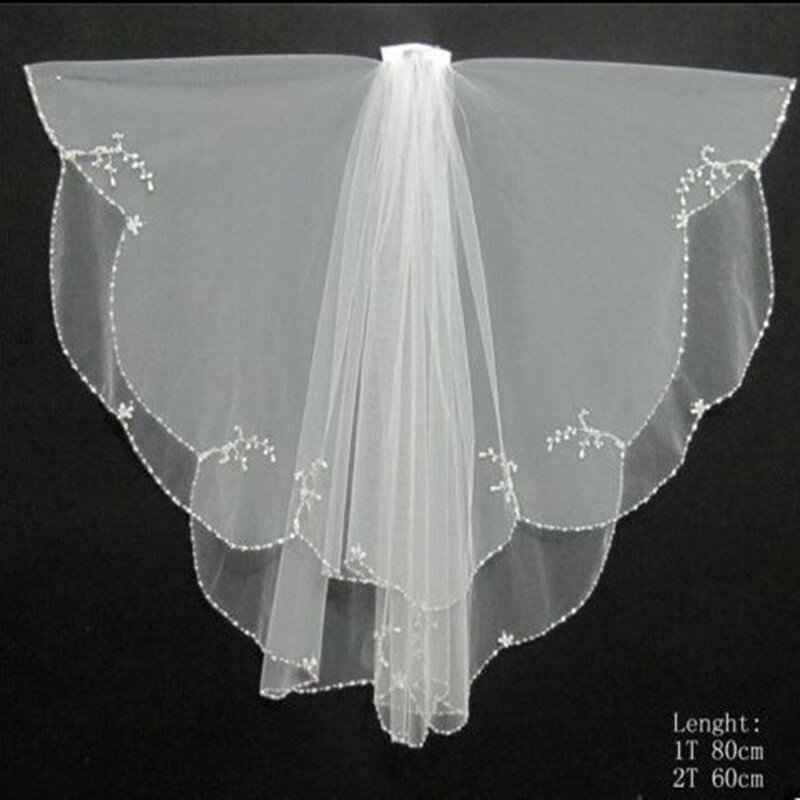 Perlen Kristalle weichen 2-stufigen Hochzeits schleier für Braut Fingers pitzen länge mit Kamm Hochzeit Zubehör