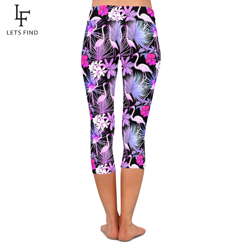 LETSFIND 3D tropikalne rośliny i kwiaty i nadruk flaminga legginsy Capri wysokiej talii Slim Fitness połowy łydki legginsy