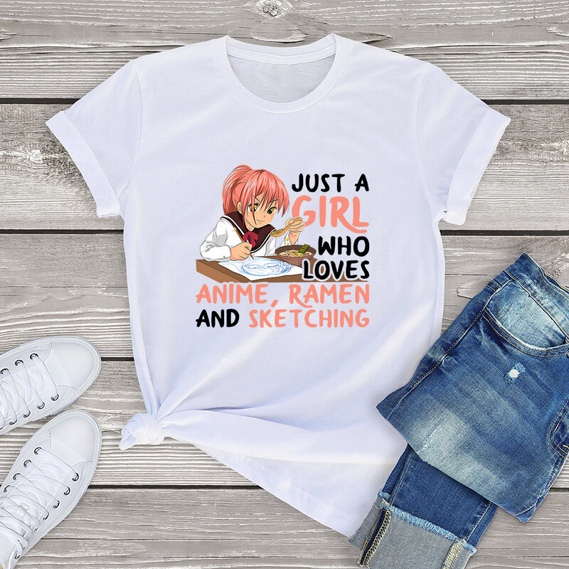 FLC 100% Cotton Kawaii Just A Girl Who Loves Anime Ramen And Sketching Gift Funny T-Shirt Printed Top Women Unisex Cute Tee