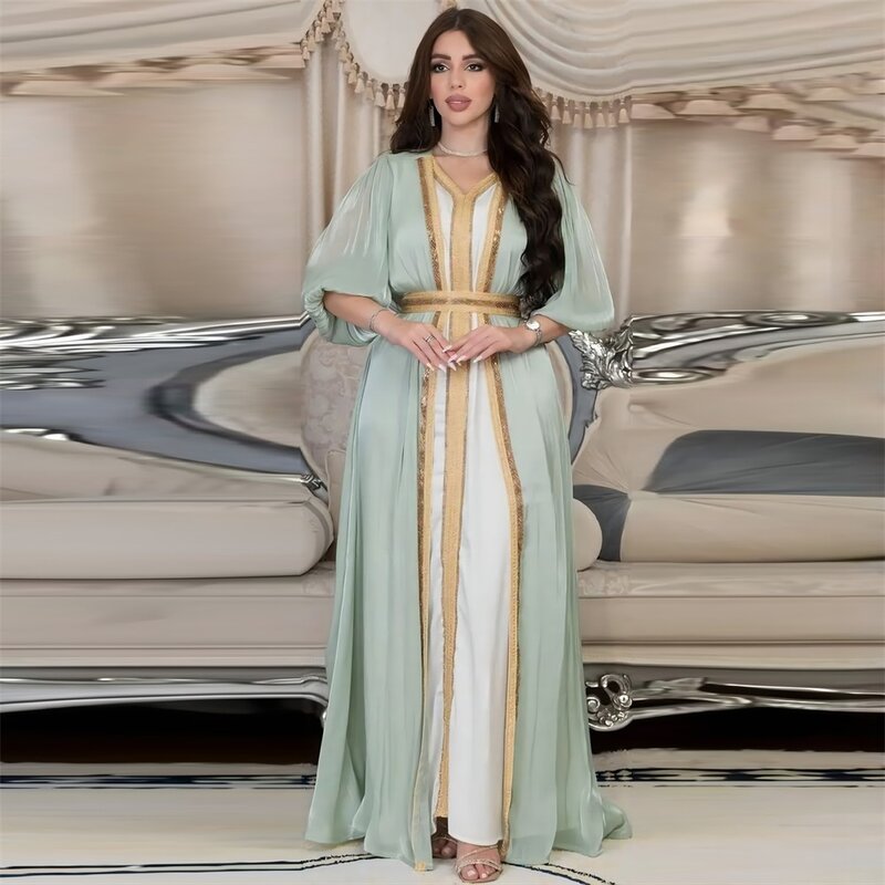 Abaya-Caftan marocain en satin pour femme, robe de luxe, manches lanterne élégantes, diamants, ensembles musulmans, robes du Ramadan, 2024, 3 pièces