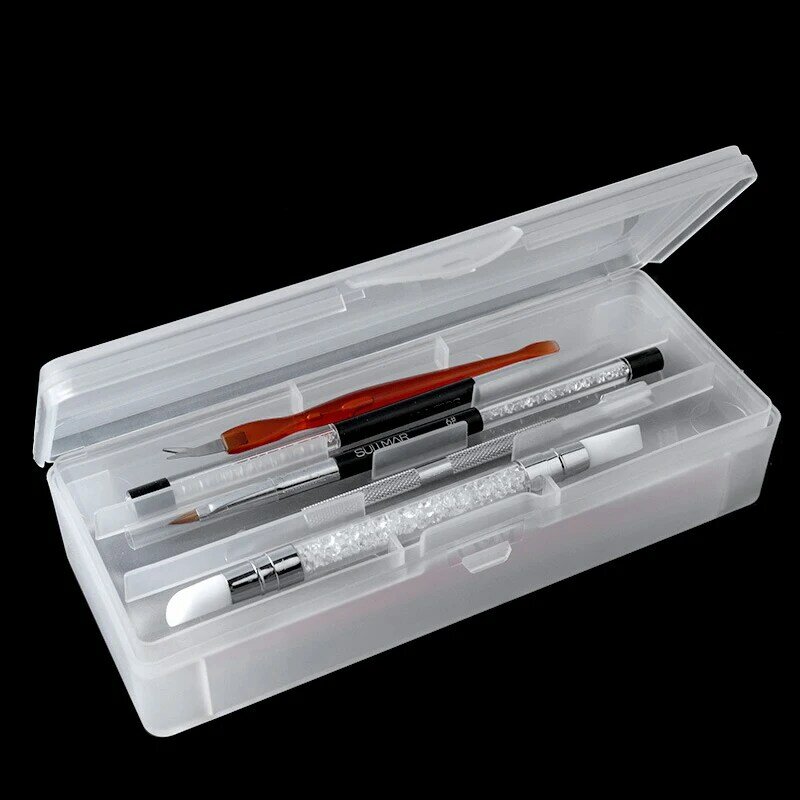 Boîte de rangement à Double couche pour l'art des ongles, boîte de rangement rectangulaire pour stylo, brosse, polissage, tampon à ongles, limes, conteneur en plastique