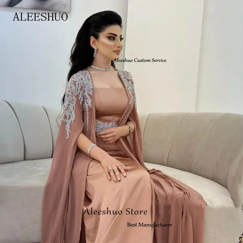 Aleeshuo-vestido de noche de Arabia Saudita para mujer, elegante vestido de graduación sin tirantes, manga casquillo, apliques de cuentas, largo hasta el suelo, fiesta