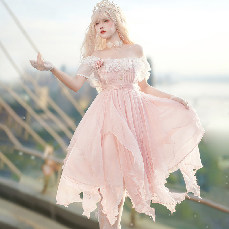 Japońska sukienka Kawaii Lolita Princess OP Elegancka sukienka damska Sweet Rose Lace Pearl Chain Pink Party Dresses Victorian Girl Fairy Dress