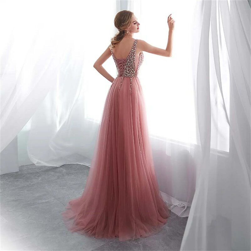 Beading Prom Dresses 2023 Plus Size Pink High Split Tulle Sweep Train Sleeveless Evening Gown A-line Lace Up Backless Vestido De
