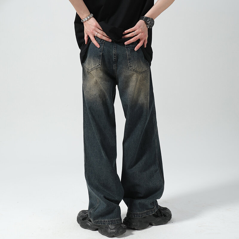 Джинсы-мешковатые в стиле пэчворк B64 мужские, винтажные брюки из денима свободного покроя, модные прямые джинсы в стиле пэчворк