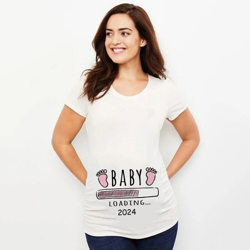 T-shirt d'annonce de grossesse imprimé pour bébé, chargement de bébé, t-shirt à manches courtes, vêtements de colonne vertébrale, nouveau, 2024