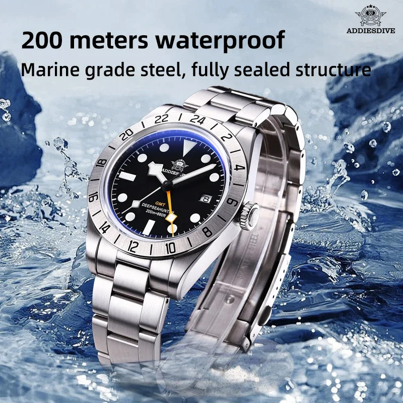 ADDIESDIVE Top Brand 39mm Quartz GMT Watches 200m Dive Luminous Bubble Mirror Sport Glass Watch for Men AD2035 Relogio Masculino