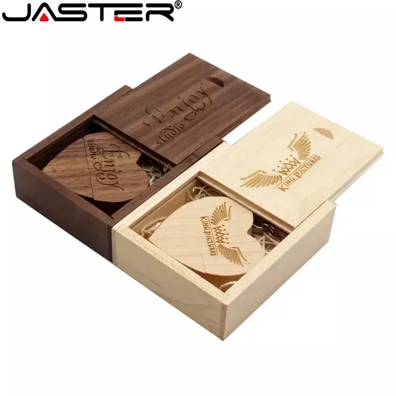 JASTER Pen drive Walnut wood heart + box USB 2.0 flash drive Free custom logo Memory stick with key chain Wedding gift U disk 8G