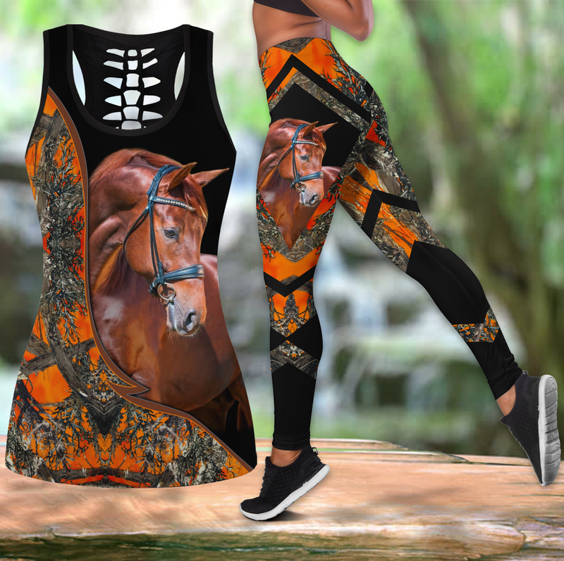 Beautiful Love Horse 3D All Over Printed Hollow Tank Top & Leggings Set Fitness Female Full Length Leggings Running Pants DDK93