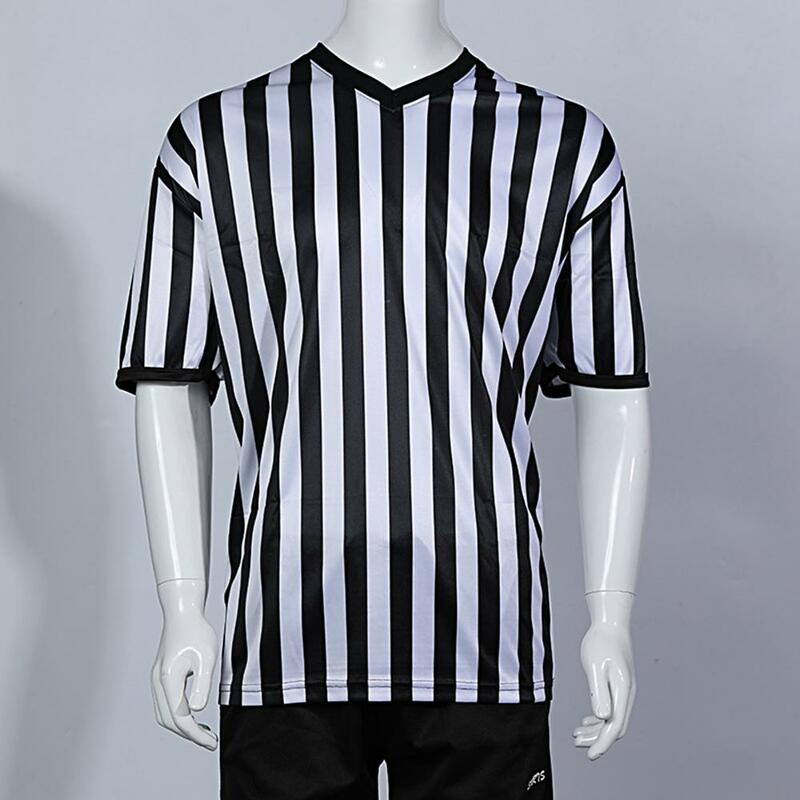 Striped Referee Uniform Short Sleeve V-neck Referee Wearing Men Football Basketball Court Shirt Sporting Goods Collared T-shirt