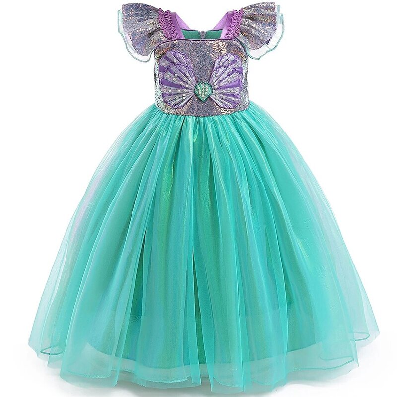 Disney Princess Ariel Cosplay fantasia para meninas, A Pequena Sereia, vestido de tule fofo, manga voadora, vestidos de lantejoulas, luxo, crianças, verão