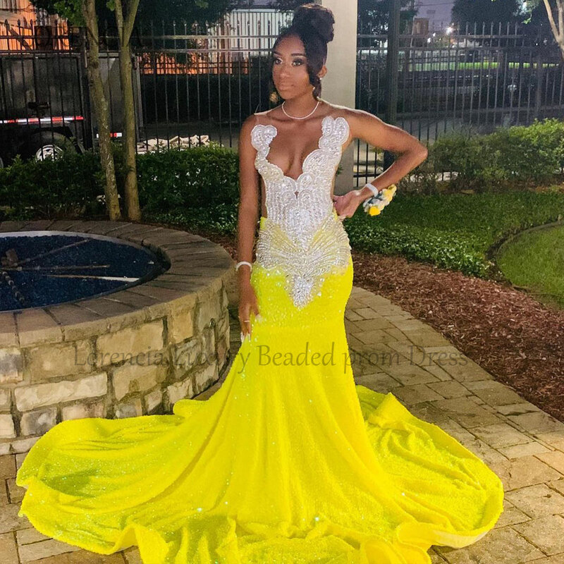 Yellow Glitter Prom Dress Black Girl Diamond Applique Sparkly Crystal Mermaid Evening Party Gowns Sleeveless robe chic soirée