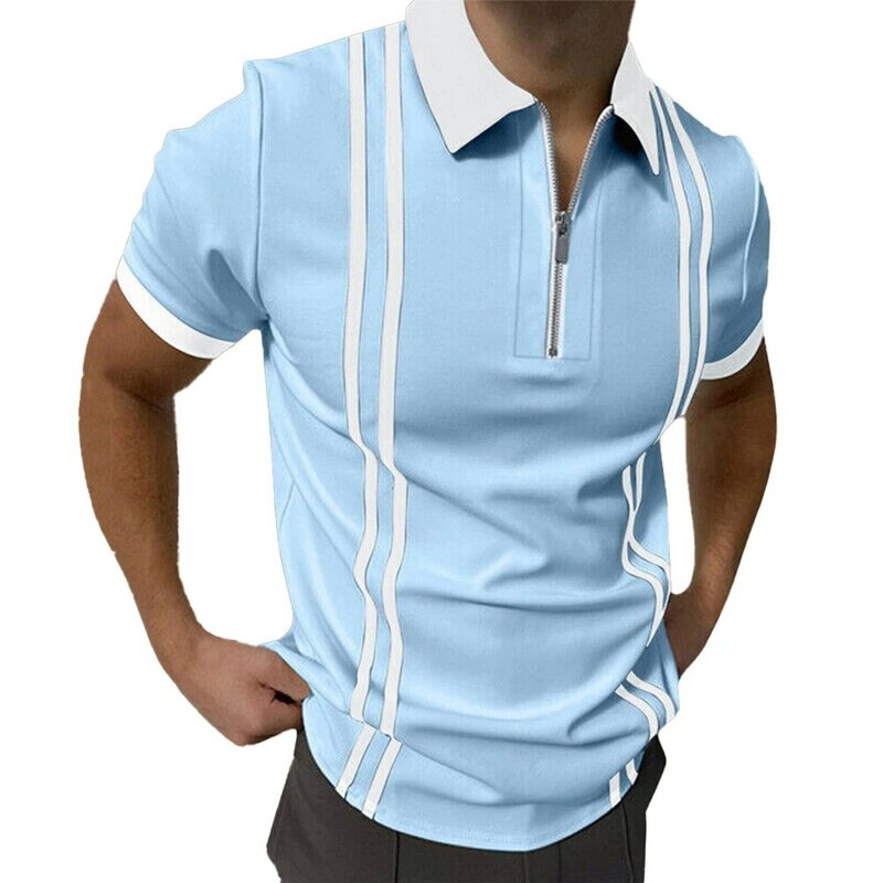 Повседневная футболка с коротким рукавом, удобная эластичная рубашка из полиэстера с воротником с лацканами в полоску, классический стиль