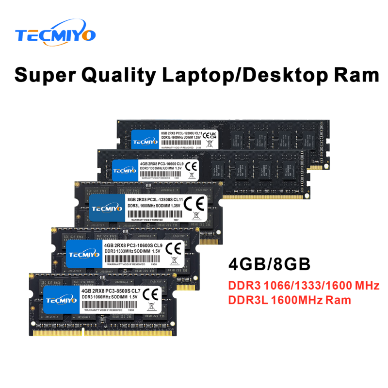 TECMIYO 노트북 데스크탑 메모리 RAM, PC3, PC3L-12800 PC3-10600 PC3-8500, 비 ECC -1PC, 블랙, 4GB, 8GB, DDR3, DDR3L, 1600MHz, 1.35V, 1.5V