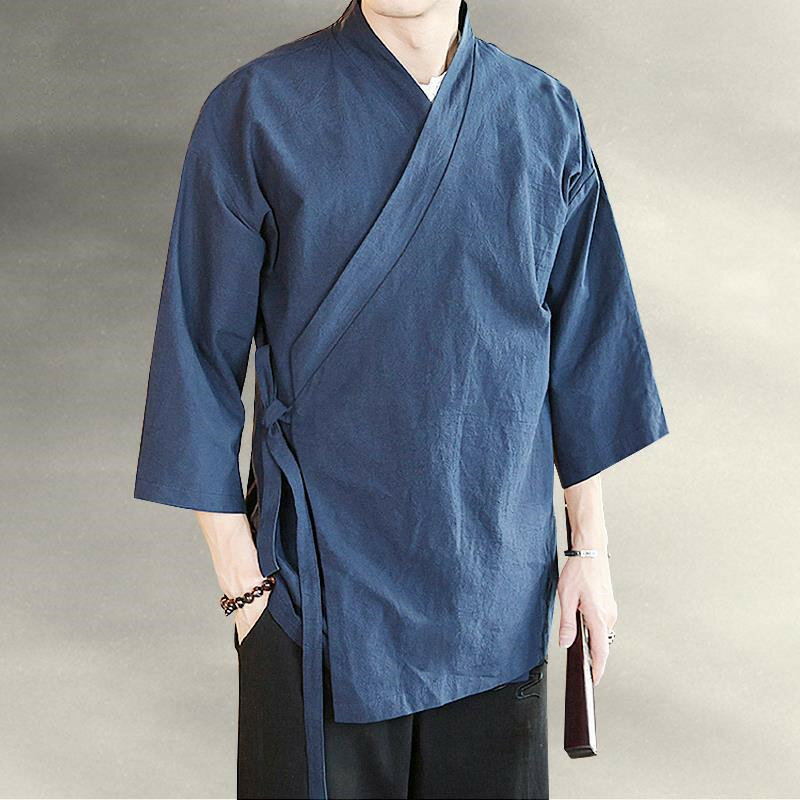 Кимоно в японском стиле Харадзюку для мужчин, льняная рубашка в стиле ретро, уличная одежда, кардиган, традиционная блуза с открытым стежком