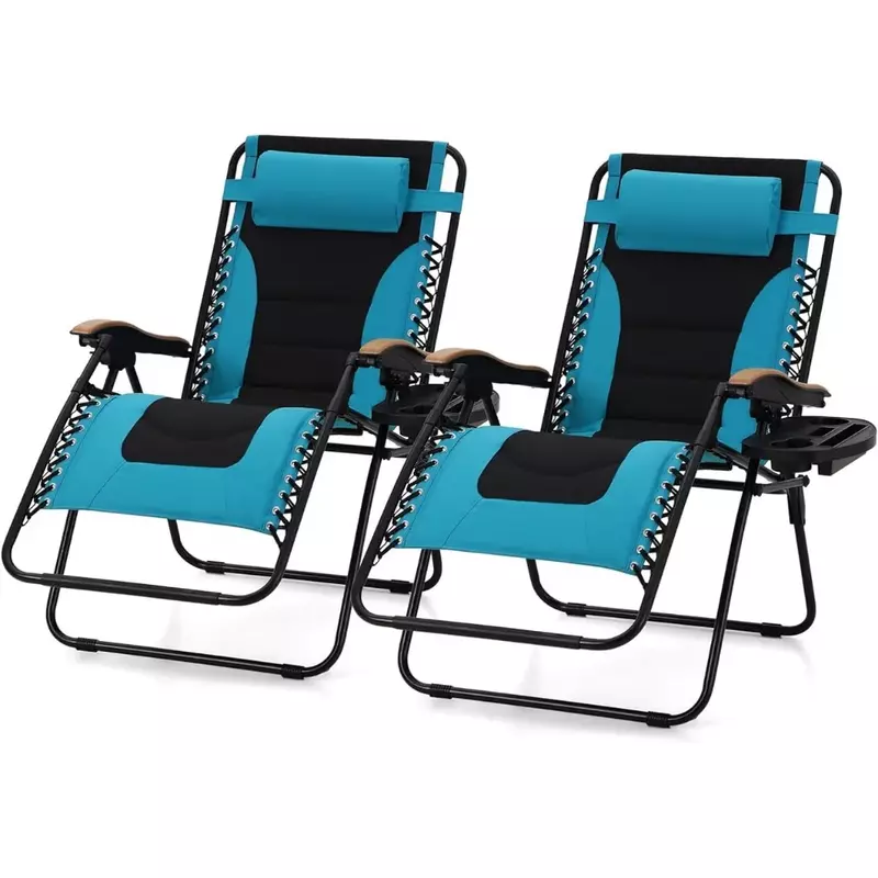 Składany regulowane krzesło z uchwytem na kubek i wyściełanym zagłówkiem, podtrzymuje 400 funtów, niebieski fotel wypoczynkowy