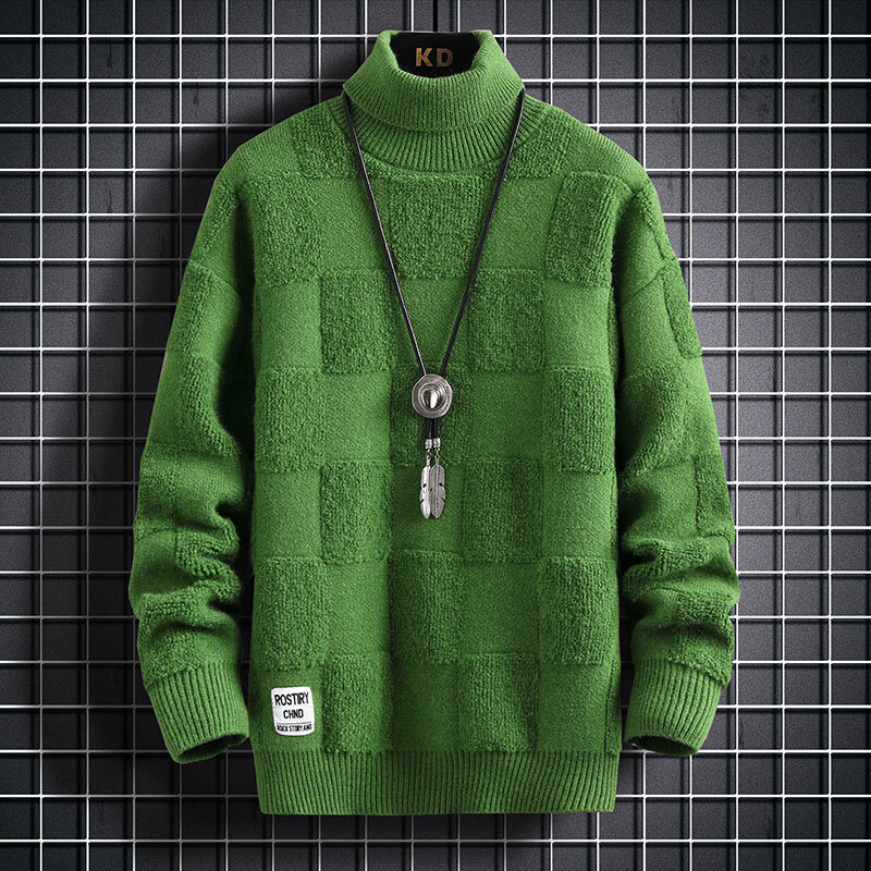 남성용 하이넥 두꺼운 따뜻한 스웨터, 고품질 한국 슬림 캐주얼 패션 브랜드, 루즈 체크 니트 풀오버, 겨울