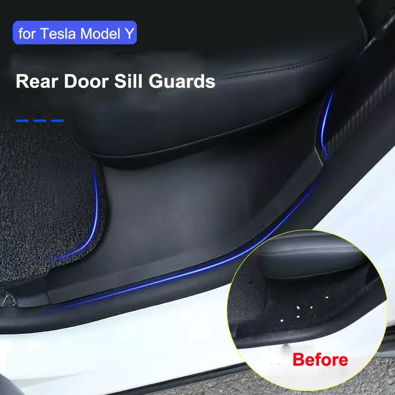 แถบติดขอบประตูหลังฝาครอบป้องกันสำหรับ Tesla รุ่น Y แผ่นกันเตะด้านในและด้านนอกแผ่นกันรอยแถบติดขอบประตูแผ่นกันครูดต้อนรับแผ่นรองนั่ง