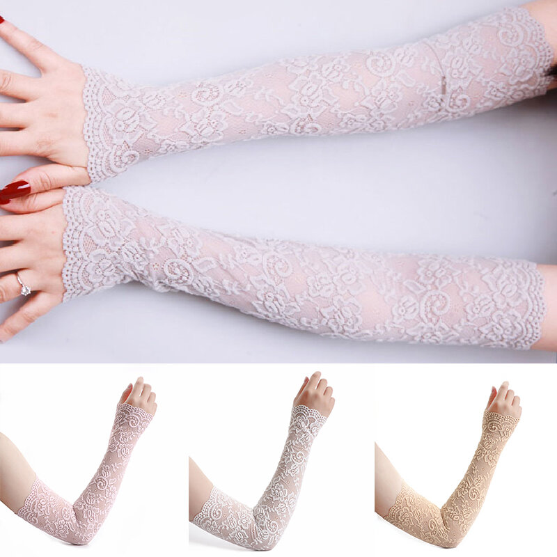 Summer Sunscreen Lace Arm Sleeve for Women Sexy Long Lace Gloves Ladies Fingerless Gloves Elastic Sleeve Mittens Driving Gloves