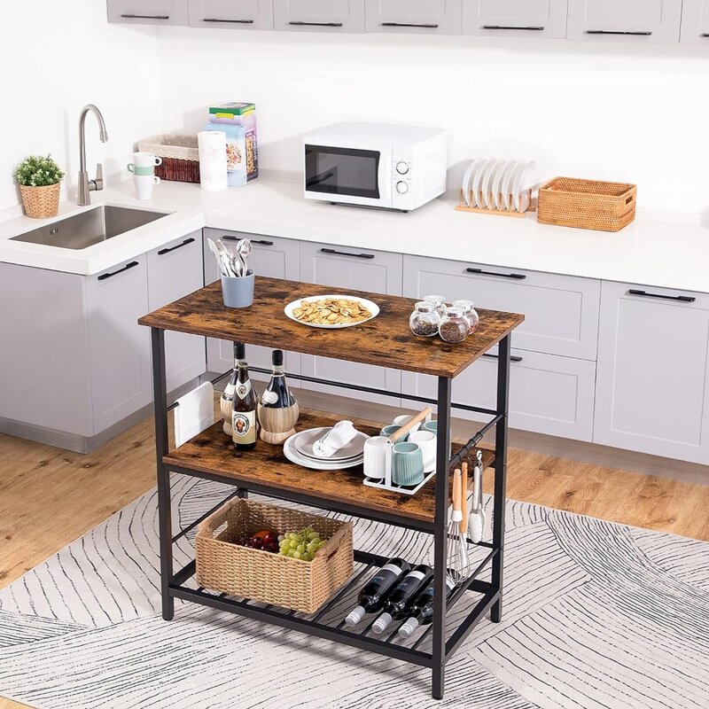 Kitchen Island with Wine Rack, Industrial Kitchen Counter with Hooks and Protective Rails, 3 Tier Kitchen Shelf with Large