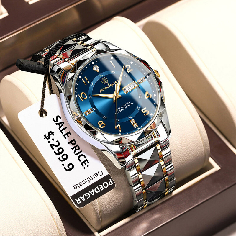 นาฬิกาข้อมือหรู poedagar กันน้ำเรืองแสงสำหรับผู้ชายนาฬิกาควอตซ์สแตนเลสสตีลนาฬิกาข้อมือสำหรับผู้ชายวันที่สัปดาห์นาฬิกาผู้ชาย reloj + BOX