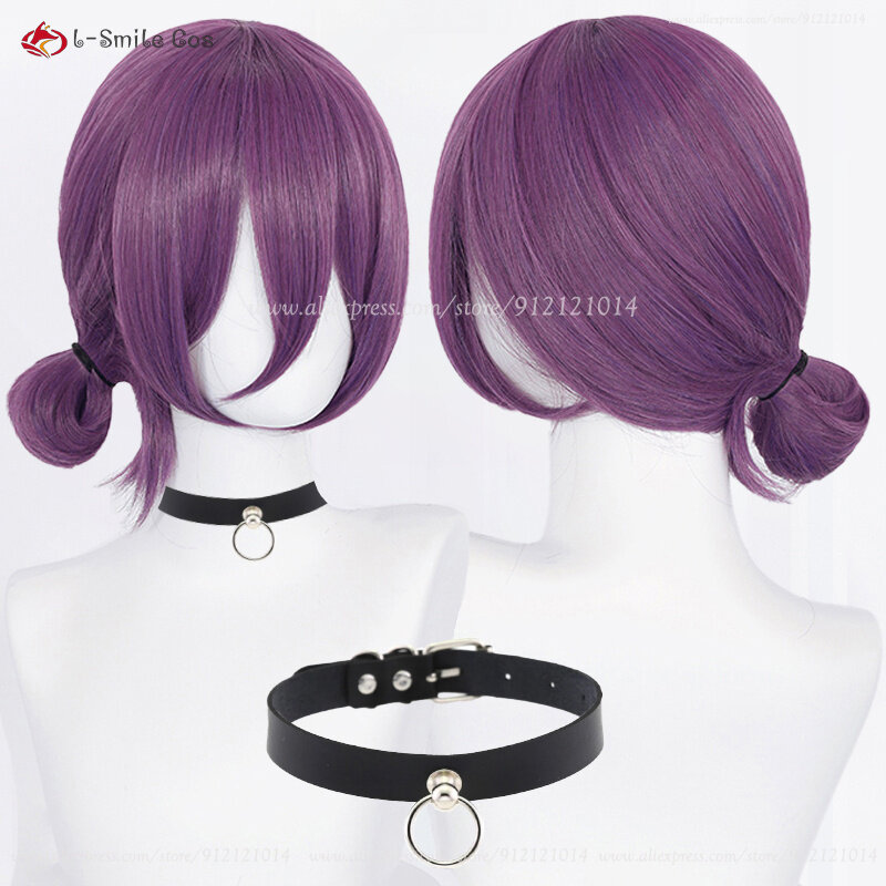 Peluca de Cosplay de Anime para mujer y niña, peluca de 45cm, peluca púrpura con gargantilla, disfraz de Cosplay de Anime, pelucas y gorro de peluca
