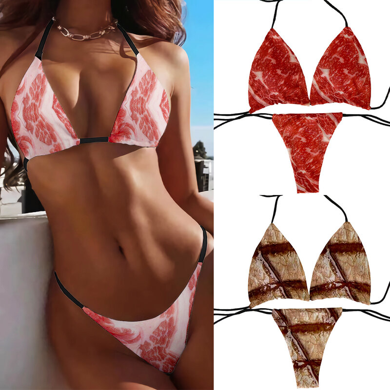 Sexy pork belly bikini set fashion sweet women's bra swimsuit deep V summer beachwear party bikini set novelty gift