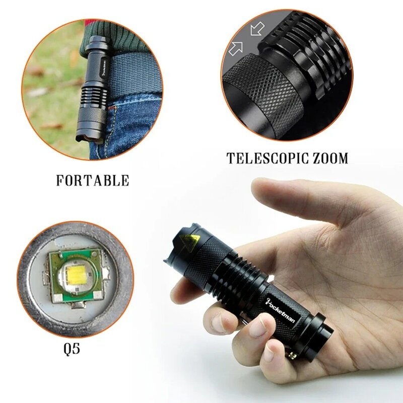 Mini Lanterna Zoomable para Autodefesa, Lanternas LED, Liga de Alumínio, Pequena Luz Tática, Super Brilhante, Bolso, Emergência, 1-20Pack, Q5