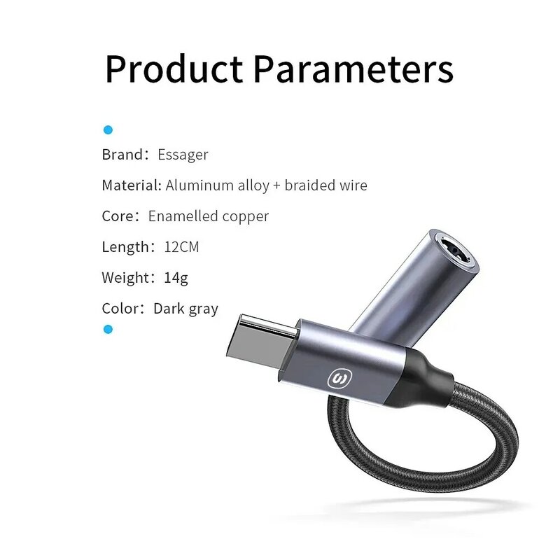 Essager-USB Tipo C para 3.5mm Jack fone de ouvido, cabo de áudio AUX, fones de ouvido, Huawei P30, Xiaomi Mi 10, 9 Es