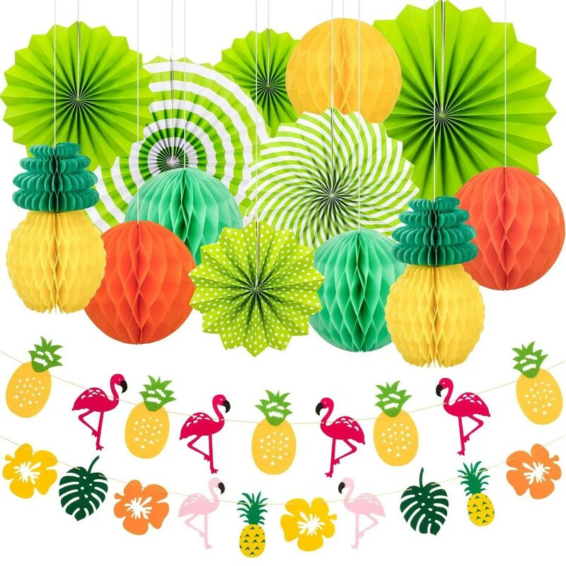 Hawaiian Party Decorations Nonwoven Flamingo Turtle Back Leaf Banner Pineapple Honeycomb Ball Summer Beach Birthday Party Decor