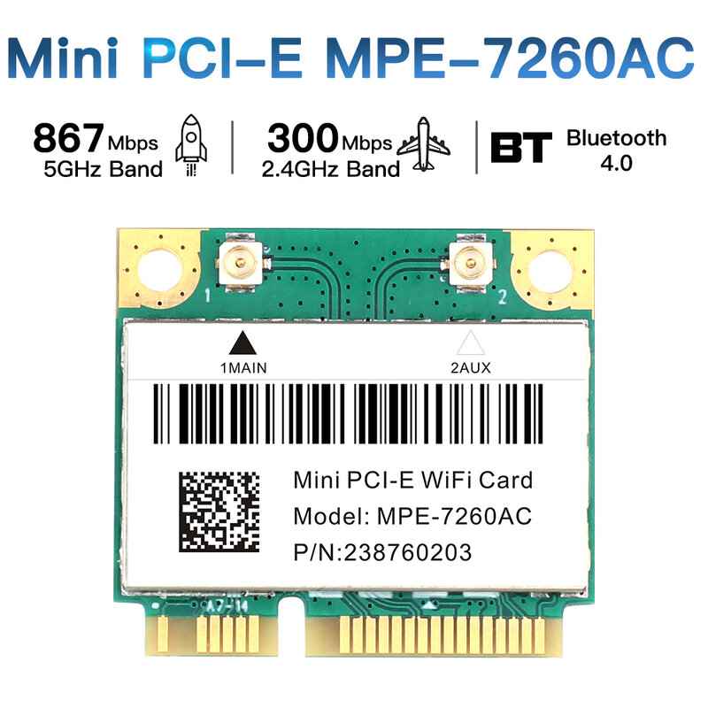 듀얼 밴드 무선 와이파이 카드, 인텔 7260 7260HMW 1200M 블루투스 4.0 하프 미니 PCI-E 802.11AC 2.4G/5Ghz 와이파이 어댑터 Win10