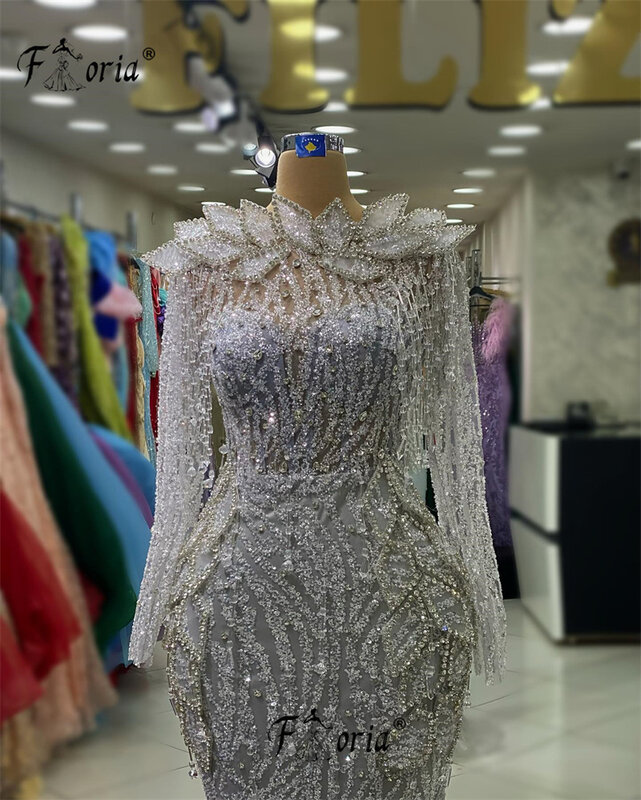 2024 Couture gaun malam kristal manik-manik penuh desainer baru gaun selebriti wanita lengan panjang gaun pesta pernikahan Dubai