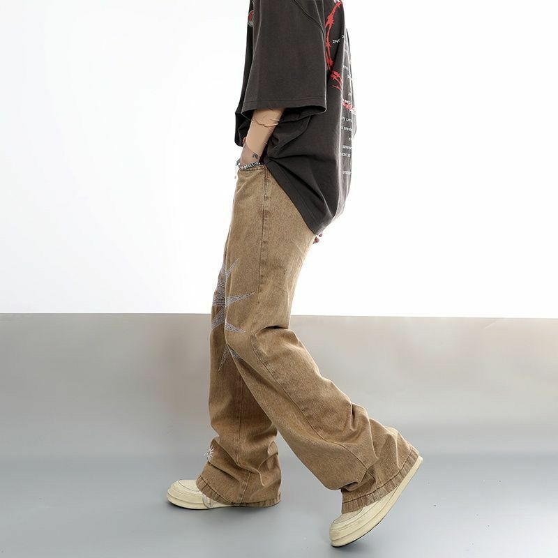 Jeans retrô americano para homens e mulheres, calça jeans de perna larga reta, nicho, bordado solar, personalidade de rua alta, tendência