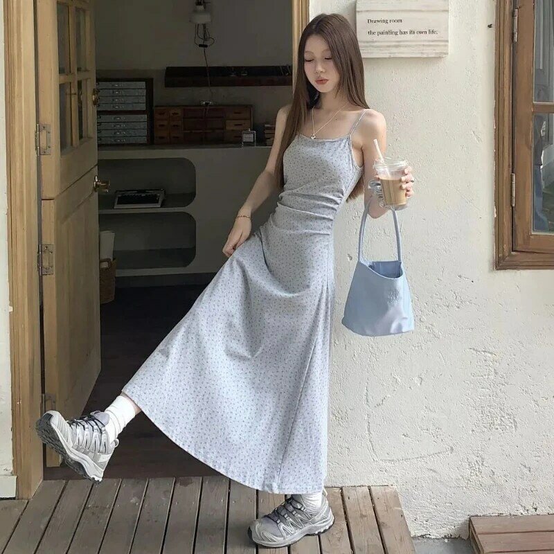 HOUZHOU eleganti abiti da festa per le donne abito lungo floreale coreano senza maniche Bodycone dolce un pezzo Midi Dress Summer Slim