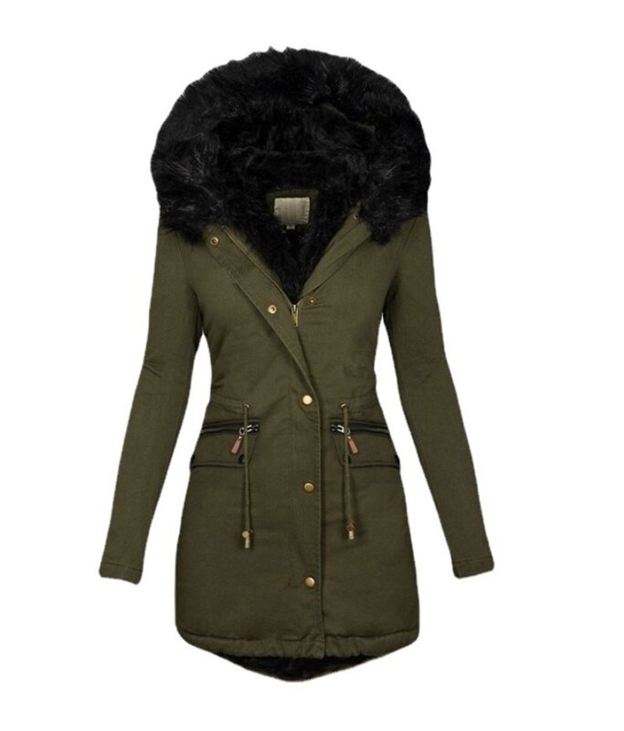 Parka feminina de comprimento médio com capuz com gola de pele, casaco de algodão quente, monocromático, outono e inverno