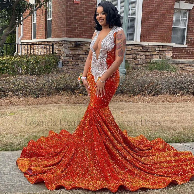 Orange Crystal Long Prom Dresses 2024 For Black Girls Sparkly Rhinestones Beading Evening Party Gown Formal vestidos de gala
