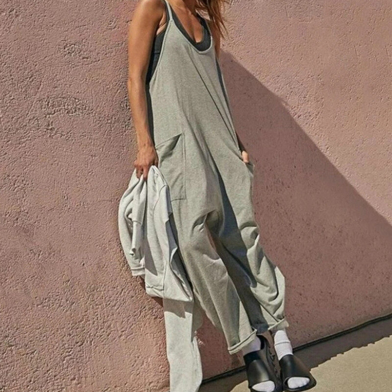 Casual Jumpsuit Women Strap Sleeveless Loose Wide Leg Rompers with Large Pocket Pants Solid Bib Overalls Outfit Fashion Rushed