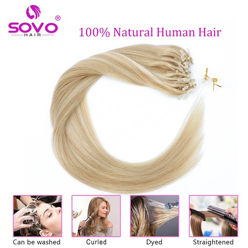 Extensions de cheveux humains à micro boucle, cheveux raides naturels, micro anneaux de perles, balayage européen, blond en surbrillance, 100 brins