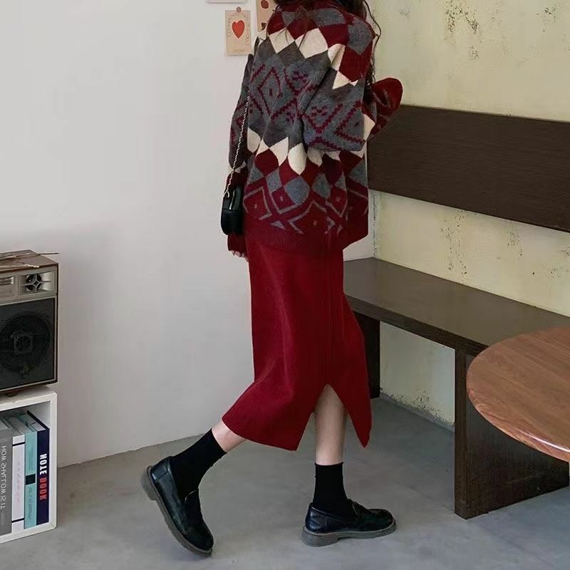 Röcke Frauen hohe Taille Vintage gerade Winter Cord Basic All-Match Midi elegante Büro Dame Seitens chlitz Temperament Harajuku
