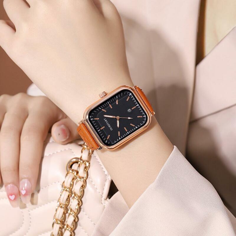 Jam tangan wanita persegi elegan wanita jam tangan kuarsa dengan Rhombus tekstur Dial dapat disesuaikan tali kulit imitasi tampilan tanggal untuk wanita
