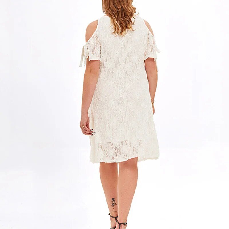 Elegant Hook Flower Hollow Off Shoulder Summer Plus Size Women O-Neck Lace 3/4 Sleeve Versatile White Loose Knee Length Dress