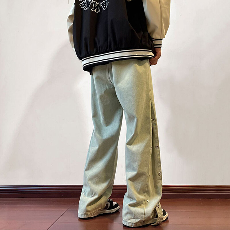 2023 Autumn Loose Casual Japanese Streetwear Hip Hop Vintage Distressed Jeans Side Button Pants Men Black Denim Trousers Male