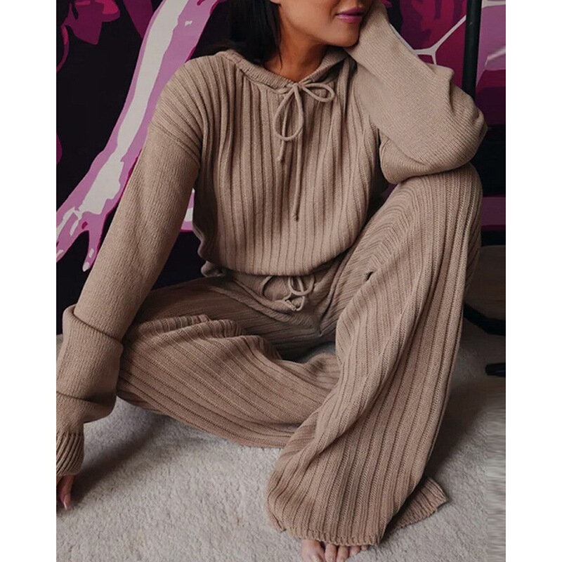 Autumn Cotton Sliver Long-Sleeved Hooded Top And Wide-Legged Trousers Two-Piece Set Women's Solid Color Fashion Casual Suit
