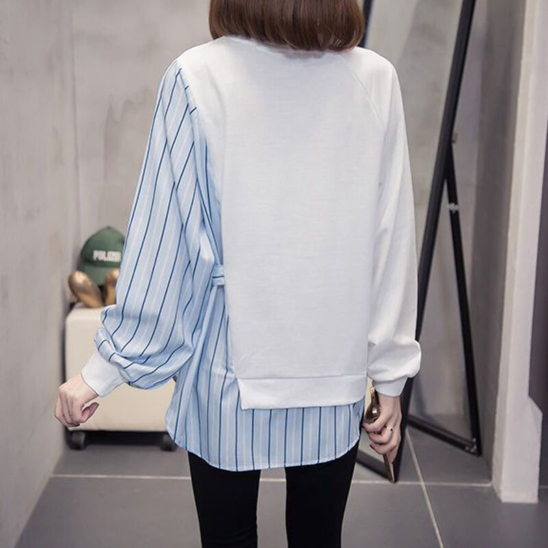 Korean Fashion Striped Print Patchwork Lace Up Loose Street Female Sweatshirt Spring Autumn Women Casual O Neck Long Sleeve Tops